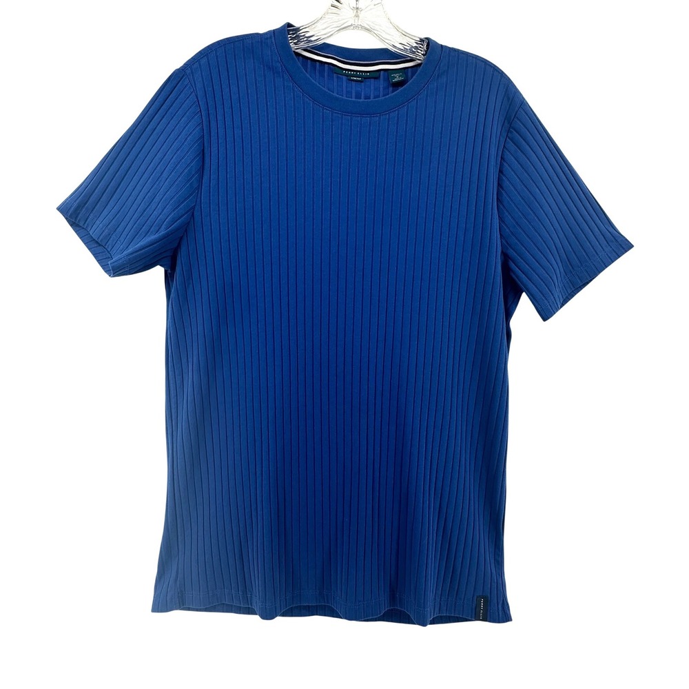 Perry Ellis Mens Blue Ribbed Stretch Short Sleeve Crewneck T-Shirt Size M Preppy
